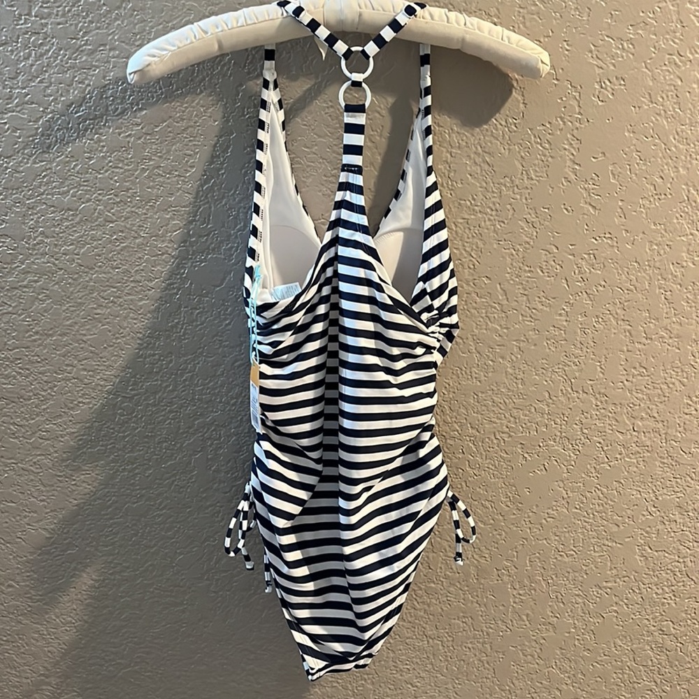 Kona Sol Swim Suit Bathing Suit High Coverage One Piece Navy Blue Stripes - Picture 5 of 8